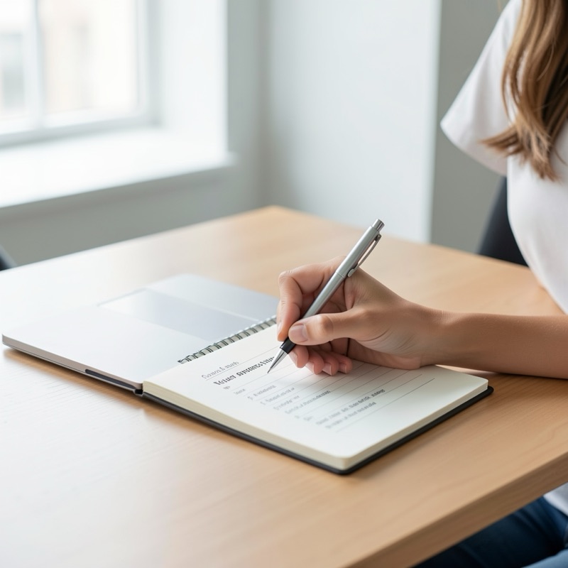 Ruka zapisujúca kontaktnú požiadavku do zošita vedľa notebooku na stole